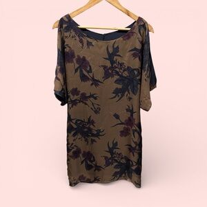 Beautiful olive plum floral silk cold shoulder mini dress Armour Vert whimsigoth